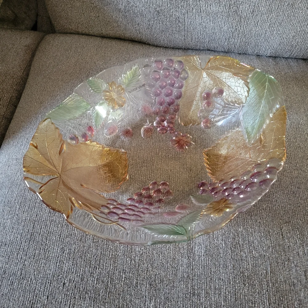 Savoir Vivre  Japanese crystal serve bowl with fruits & leaves 14 in x 11.5 in